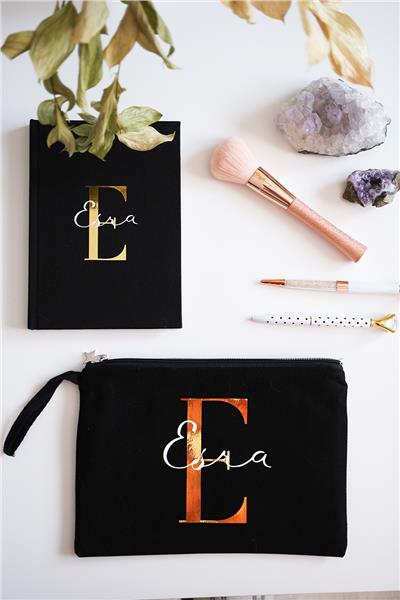 Kişiye Özel Siyah Renk Clutch Çanta-Defter İkili Hediye Seti