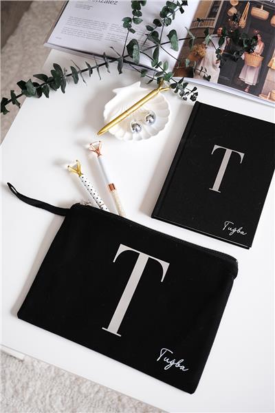 Kişiye Özel Siyah Renk Clutch Çanta-Defter İkili Hediye Seti