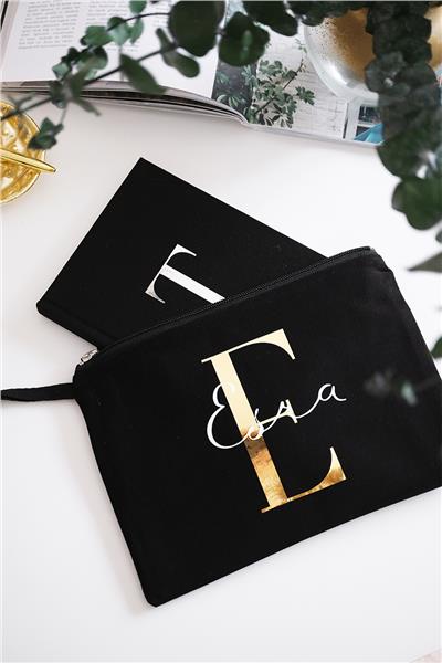 Kişiye Özel Siyah Renk Clutch Çanta-Defter İkili Hediye Seti