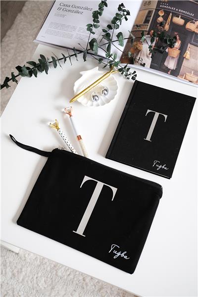 Kişiye Özel Siyah Renk Clutch Çanta-Defter İkili Hediye Seti
