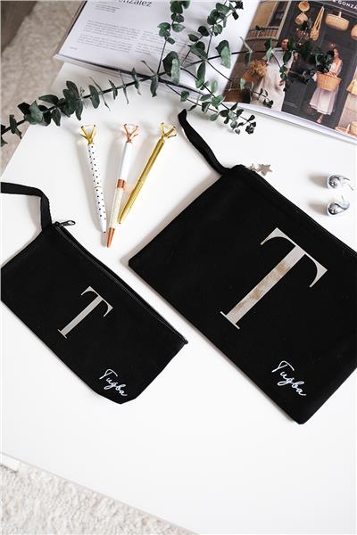 Kişiye Özel Siyah Renk Clutch Çanta - Kalemlik İkili Hediye Seti