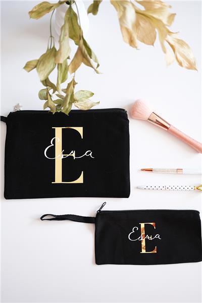 Kişiye Özel Siyah Renk Clutch Çanta - Kalemlik İkili Hediye Seti