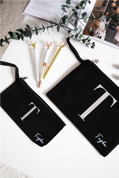 Kişiye Özel Siyah Renk Clutch Çanta - Kalemlik İkili Hediye Seti