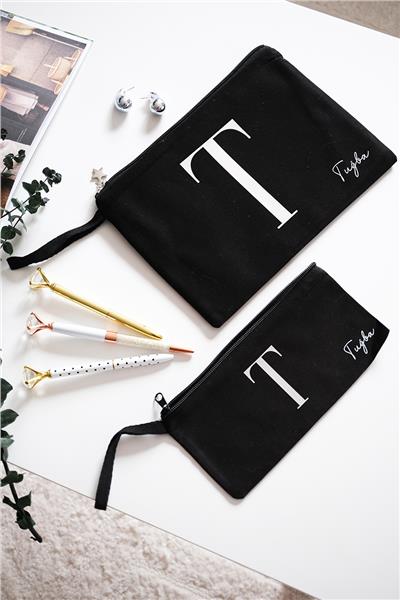Kişiye Özel Siyah Renk Clutch Çanta - Kalemlik İkili Hediye Seti