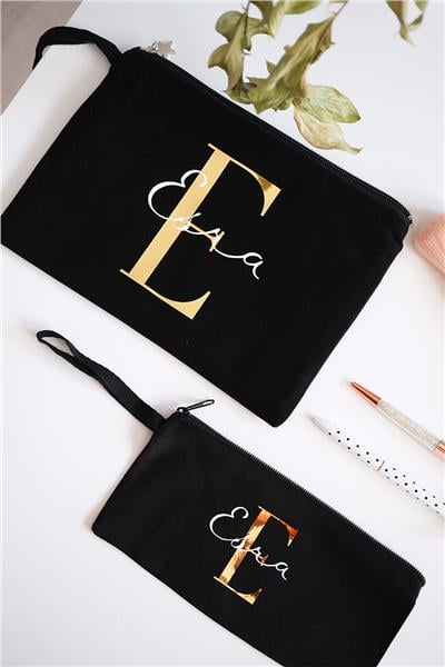 Kişiye Özel Siyah Renk Clutch Çanta - Kalemlik İkili Hediye Seti