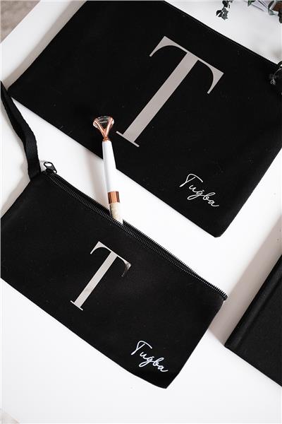 Kişiye Özel Siyah Renk Clutch-Defter-Kalemlik Üçlü Hediye Seti