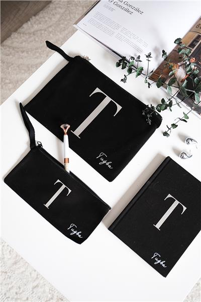 Kişiye Özel Siyah Renk Clutch-Defter-Kalemlik Üçlü Hediye Seti