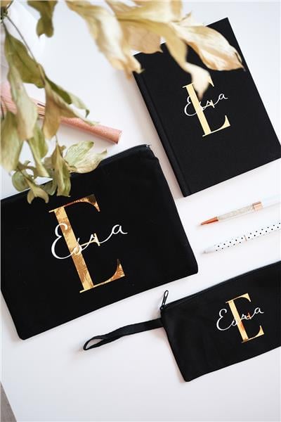 Kişiye Özel Siyah Renk Clutch-Defter-Kalemlik Üçlü Hediye Seti