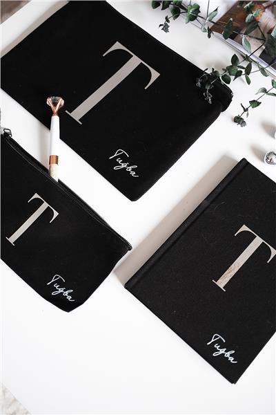 Kişiye Özel Siyah Renk Clutch-Defter-Kalemlik Üçlü Hediye Seti