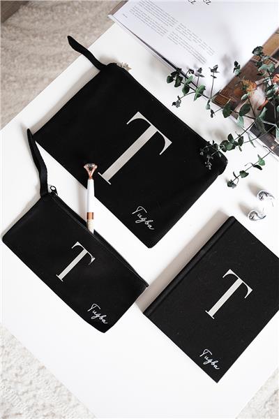 Kişiye Özel Siyah Renk Clutch-Defter-Kalemlik Üçlü Hediye Seti