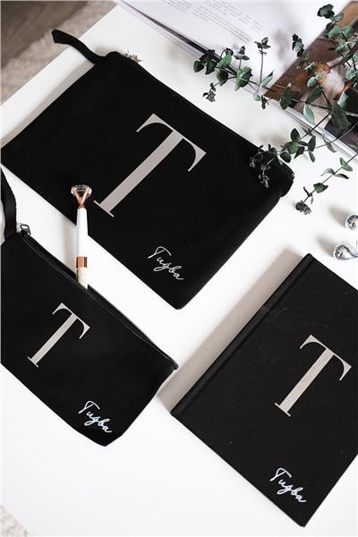 Kişiye Özel Siyah Renk Clutch-Defter-Kalemlik Üçlü Hediye Seti