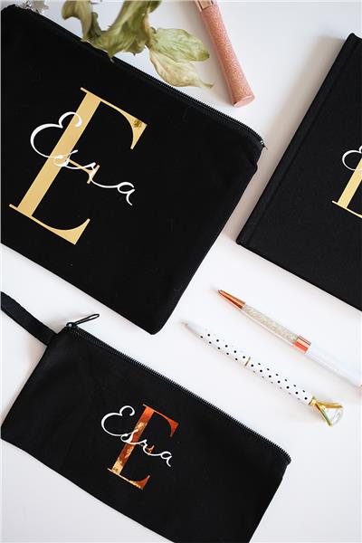 Kişiye Özel Siyah Renk Clutch-Defter-Kalemlik Üçlü Hediye Seti