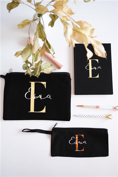 Kişiye Özel Siyah Renk Clutch-Defter-Kalemlik Üçlü Hediye Seti