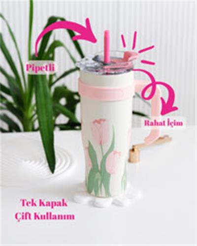 Lale Desenli Quencher Cup 1200ML Paslanmaz Çelik Termos