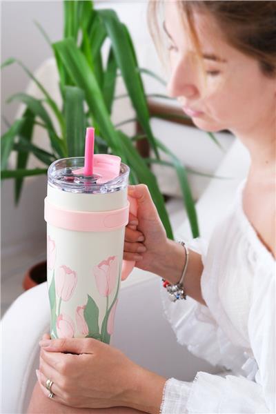 Lale Desenli Quencher Cup 1200ML Paslanmaz Çelik Termos