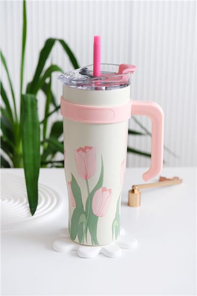 Lale Desenli Quencher Cup 1200ML Paslanmaz Çelik Termos
