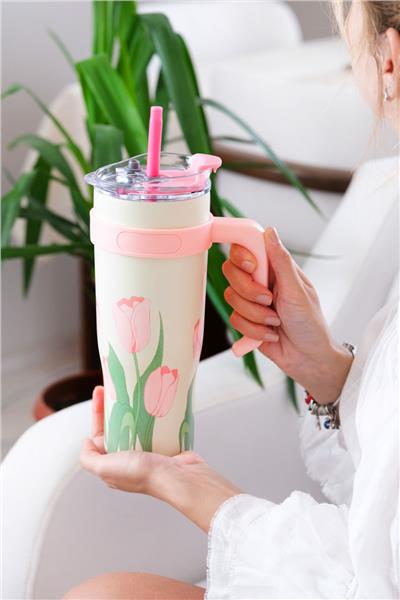 Lale Desenli Quencher Cup 1200ML Paslanmaz Çelik Termos