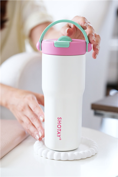 Pembe Kişiye Özel 680 Ml Kulplu, Pipetli ve Çay Süzgeçli Termos