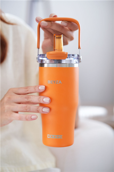 Turuncu Kişiye Özel 750 Ml Kulplu ve Pipetli Çelik Termos