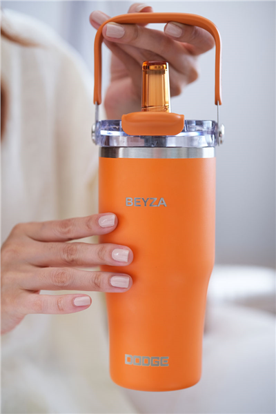 Turuncu Kişiye Özel 750 Ml Kulplu ve Pipetli Çelik Termos