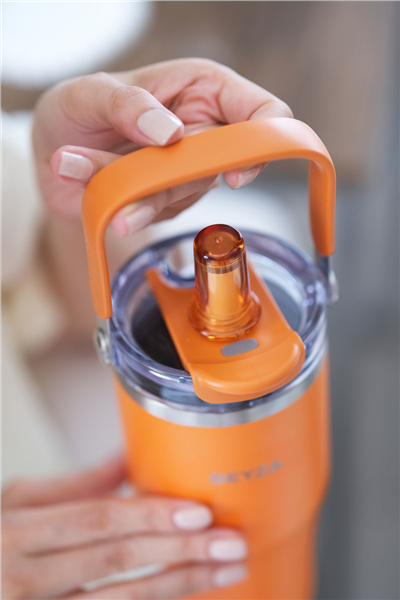 Turuncu Kişiye Özel 750 Ml Kulplu ve Pipetli Çelik Termos
