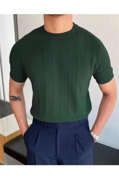 Bisiklet Yaka Haki Yeşili Triko T-Shirt