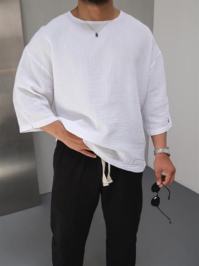 GİESTO FAKİR KOL KETEN BEYAZ TİŞÖRT