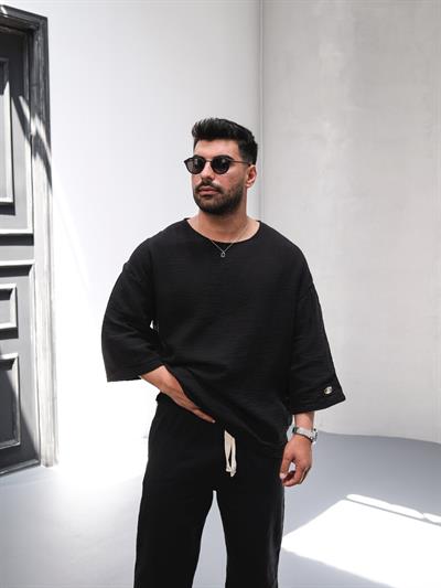 GİESTO FAKİR KOL KETEN SİYAH TİŞÖRT