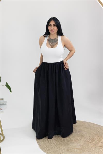  Siyah  Beyaz Beli Lastikli Askılı Elbise