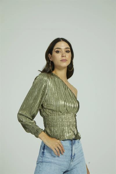 Asimetrik Kol Gold Renkli Bluz