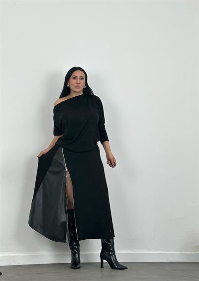 Asimetrik Yaka Bluz & Fermuarlı Deri Yırtmaçlı Etek Takım