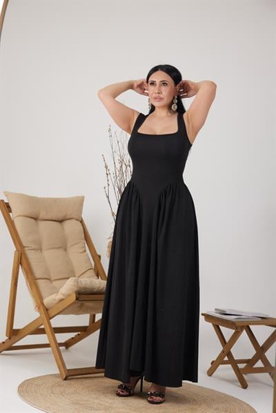 Askılı Çan Kesim Maxi Uzun Boy Elbise 