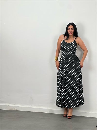 Askılı Cepli Puantiyeli Maxi Elbise