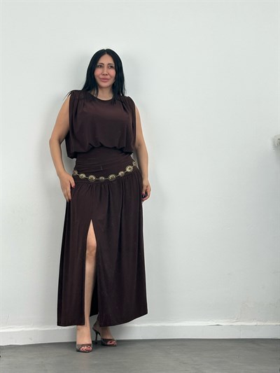 Bel Drapeli Yırtmaç Detaylı Etek & Bluz Takım