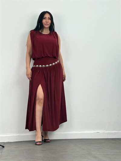 Bel Drapeli Yırtmaç Detaylı Etek & Bluz Takım