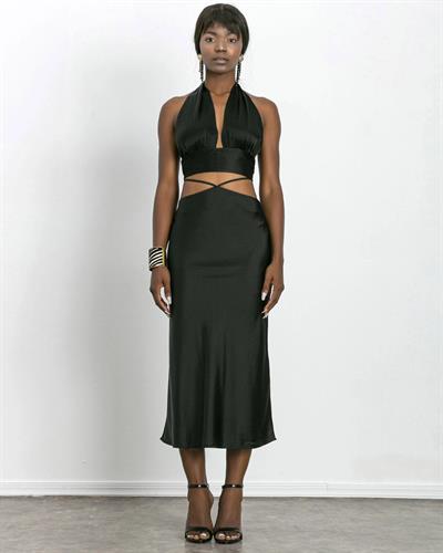 Belden Bağcıklı Midi Boy Saten Etek Siyah Renk