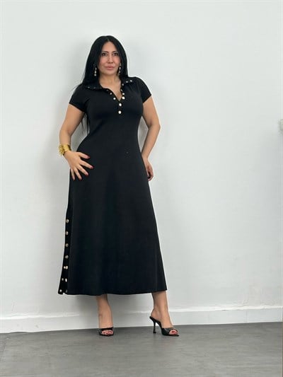 Çıt Çıt Detaylı Yırtmaçlı Maxi Elbise