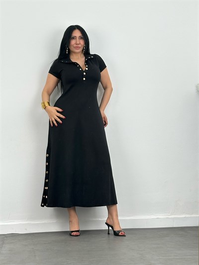 Çıt Çıt Detaylı Yırtmaçlı Maxi Elbise