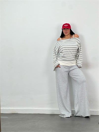 Çizgili Bluz, Atlet & Pantolon 3lü Takım