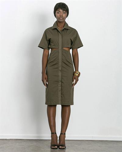 Cut Out Detaylı Midi Boy Elbise Askeri Yeşil Renk