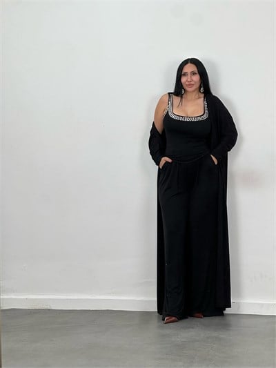 Drop Taş Detaylı Hırka, Bluz & Pantolon 3lü Takım