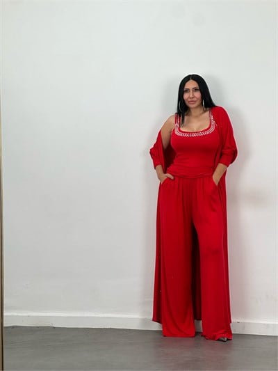 Drop Taş Detaylı Hırka, Bluz & Pantolon 3'lü Takım