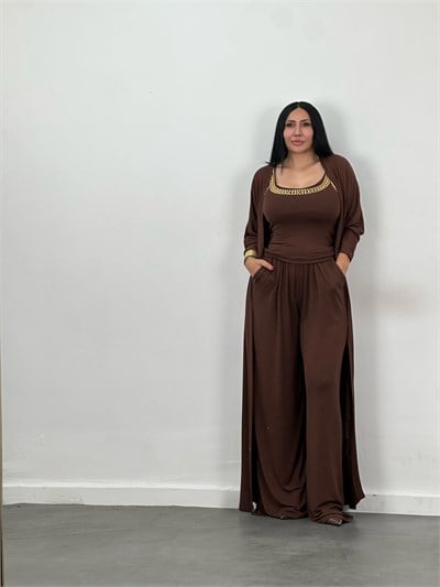 Drop Taş Detaylı Hırka, Bluz & Pantolon 3lü Takım