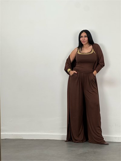 Drop Taş Detaylı Hırka, Bluz & Pantolon 3lü Takım
