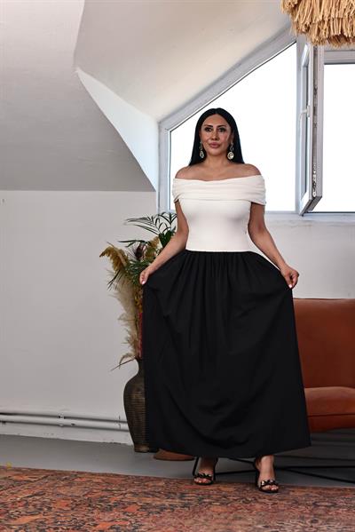 Ekru Üst Detaylı Omzu Açık Siyah Elbise
