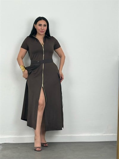 Fermuar Detaylı Cepli Kemerli Modal Midi Elbise