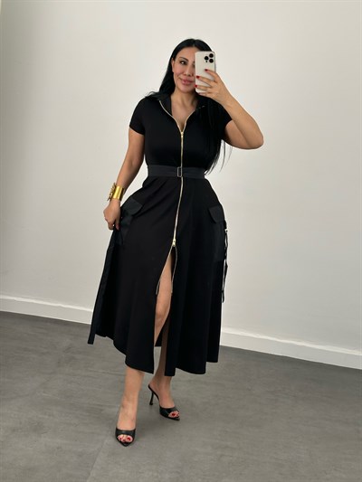 Fermuar Detaylı Cepli Kemerli Modal Midi Elbise