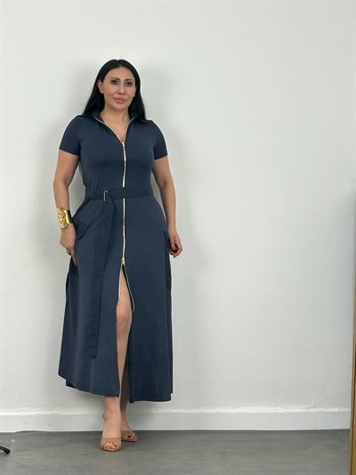 Fermuar Detaylı Cepli Kemerli Modal Midi Elbise