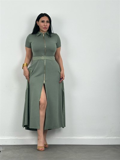 Fermuar Detaylı Cepli Kemerli Modal Midi Elbise