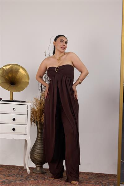 Gold Metal Detaylı Straplez Tunik Pantolon Takım